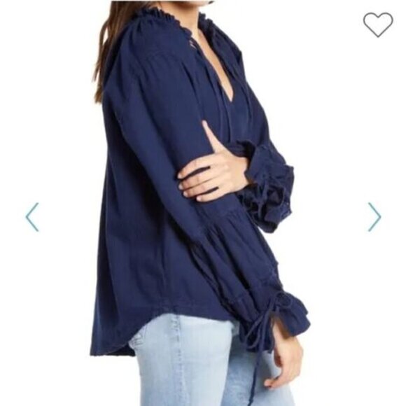 Free People We The Free Small Alpine Denim Tie Poet Peasant Oversized Shirt Blue - Picture 2 of 8